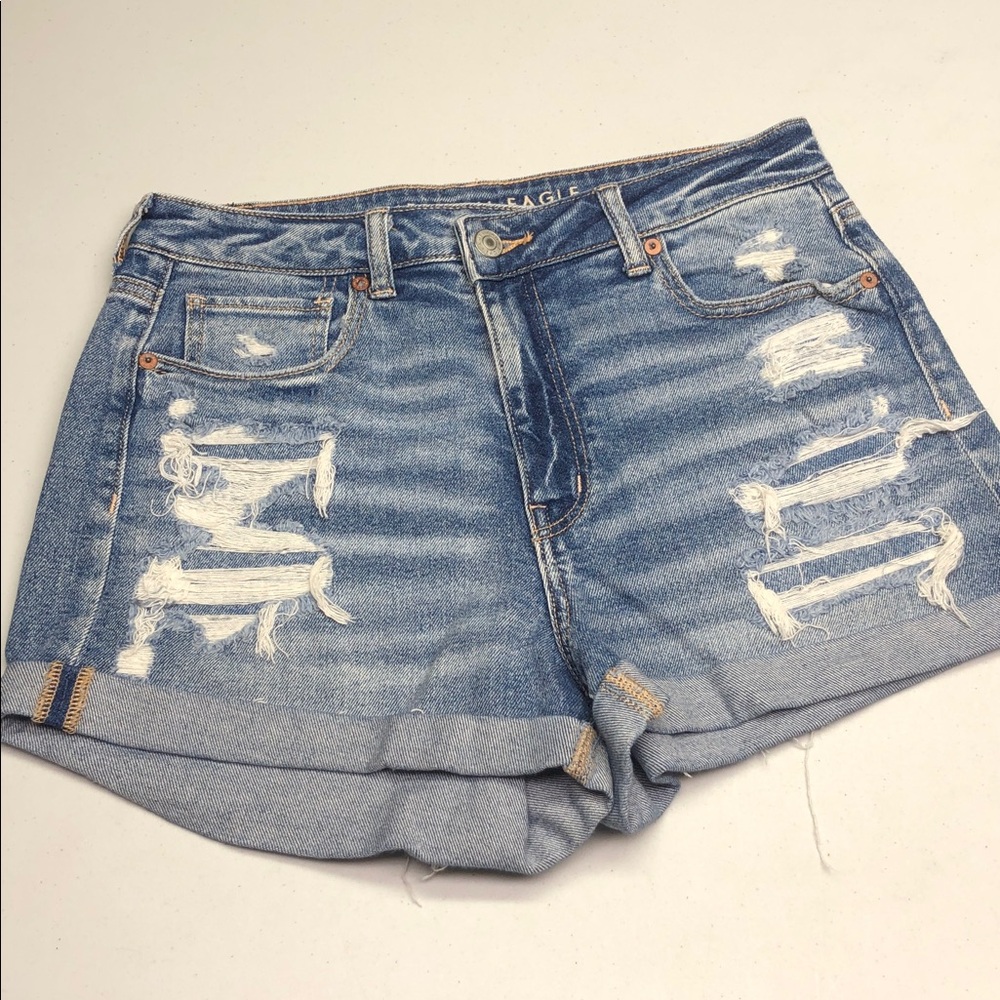 American Eagle - Distressed Rolled Hem Denim Shorts - Blue -